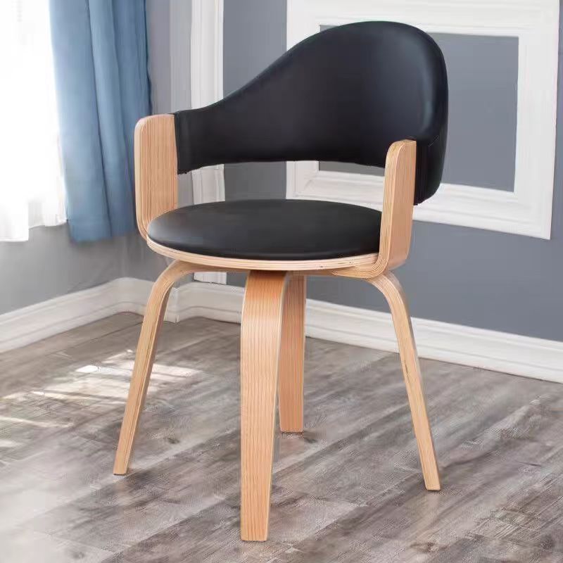 Nordic creative simple leisure dining chair black leather wood chair with armrest side chair wood arms leather