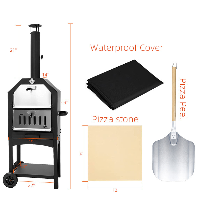 outdoor backyard barbecue commercial pizza oven 2 removable wheels Black Steel Portable Wood Fired outdoor pizza oven