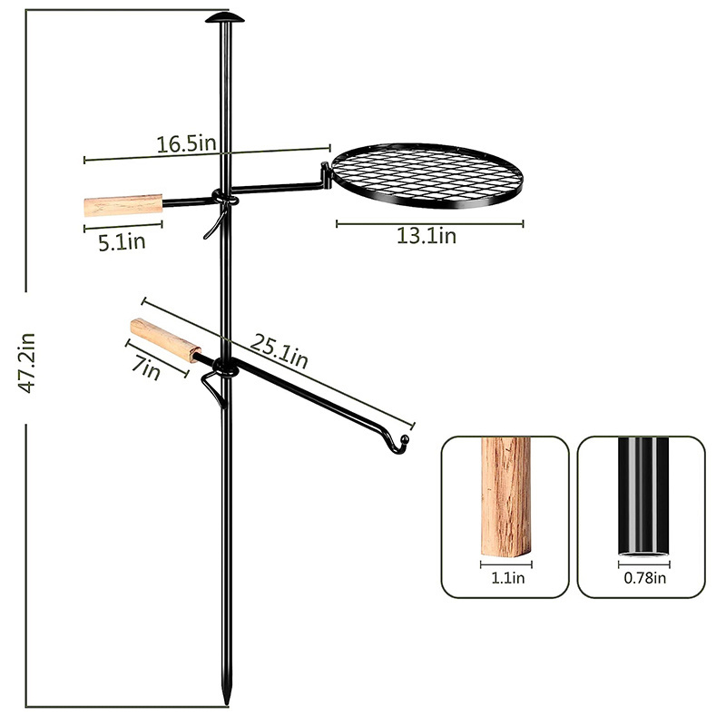 Camping Steel Mesh Cooking Grate with Spike Pole for Outdoor Open Flame Cooking Dual Campfire Steel Cooking Grill Grate Swivel