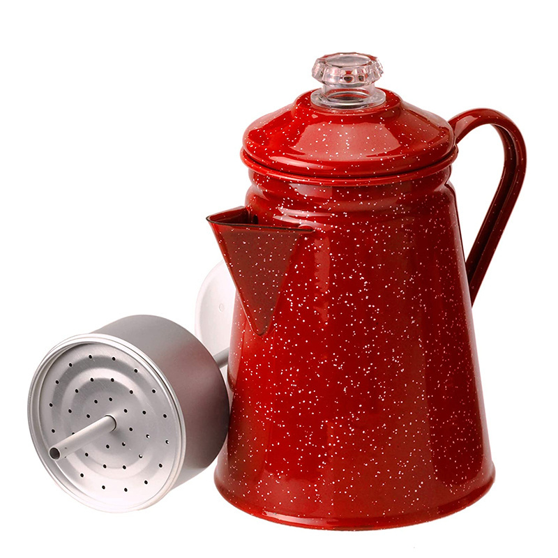 Customized Outdoors Speckled Color Stainless Steel Enamel Percolator Coffee Pot With Glass Grip Outdoors Percolator Coffee Pot