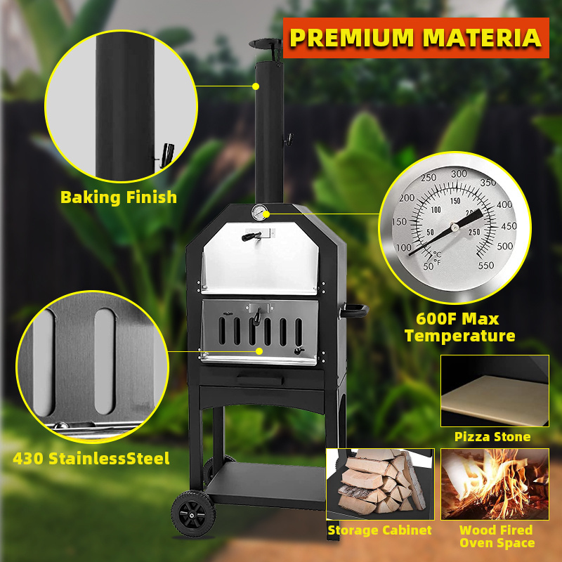 outdoor backyard barbecue commercial pizza oven 2 removable wheels Black Steel Portable Wood Fired outdoor pizza oven