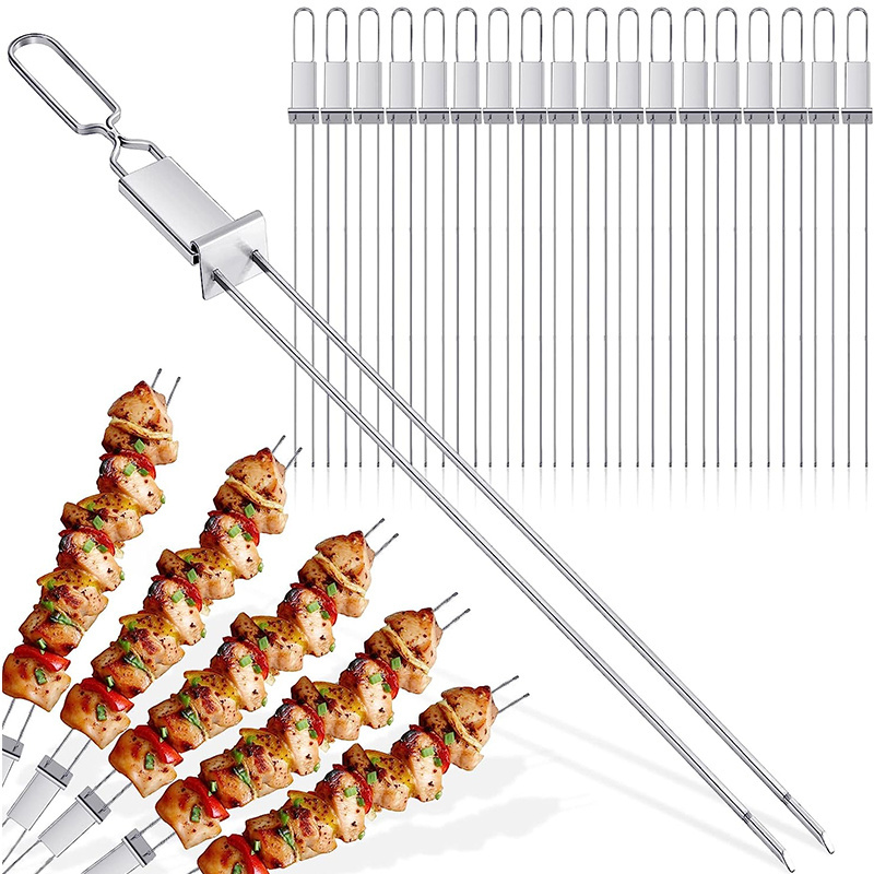 2 prong Kabob Skewer Grilling Metal Skewers with Adjustable Push Bar Slider Roasting Sticks Grill stainless steel bbq skewers