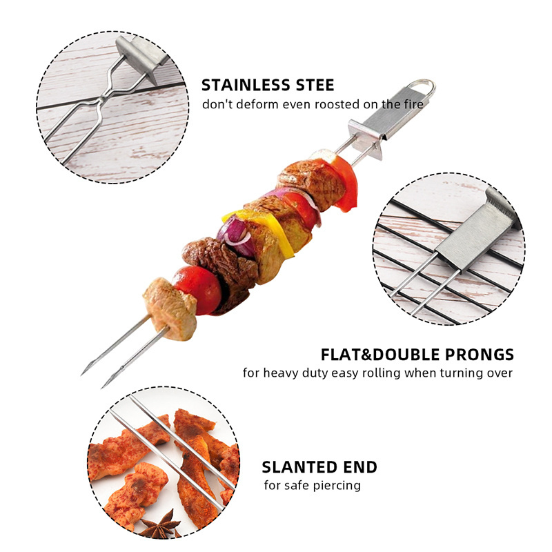 2 prong Kabob Skewer Grilling Metal Skewers with Adjustable Push Bar Slider Roasting Sticks Grill stainless steel bbq skewers