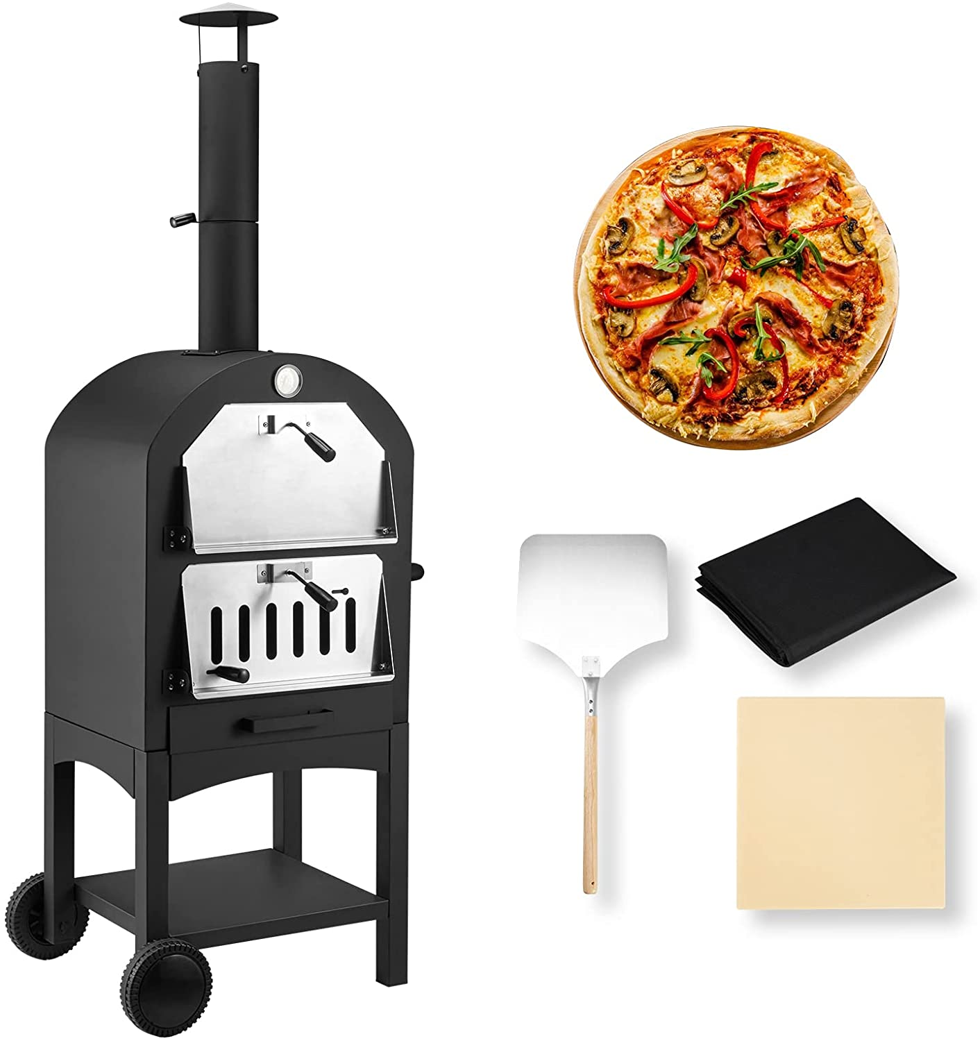 outdoor backyard barbecue commercial pizza oven 2 removable wheels Black Steel Portable Wood Fired outdoor pizza oven