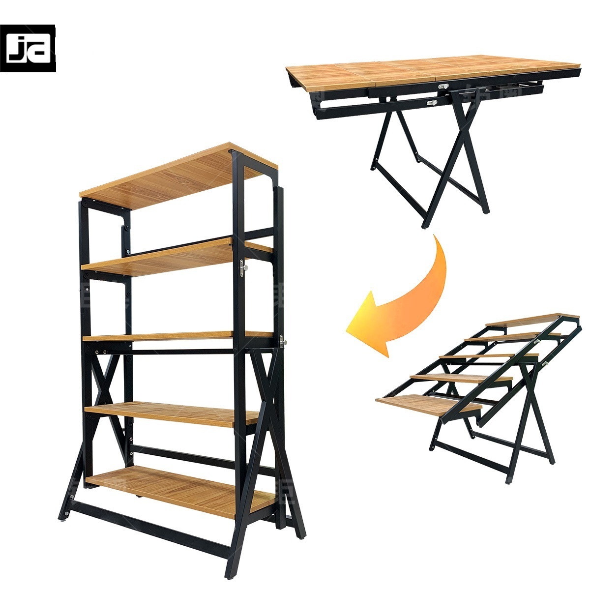 European Space Saving Transforming multi-use wood folding dining table to shelves