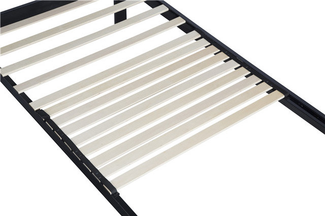 Metal bed frames and wooden slats can be used on velvet-linen upholstered beds