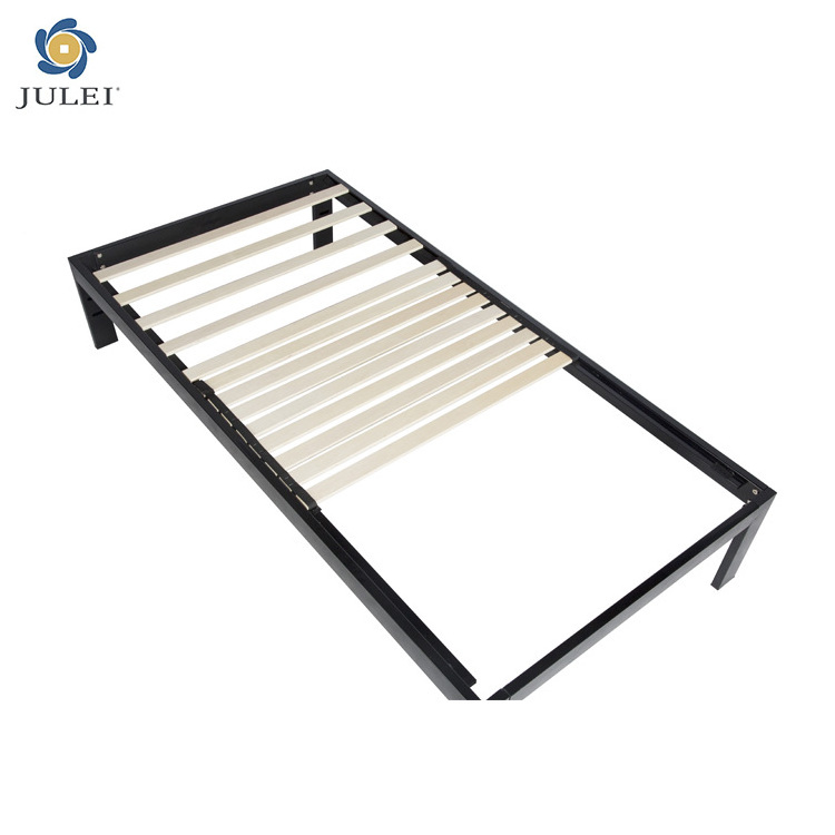 Metal bed frames and wooden slats can be used on velvet-linen upholstered beds