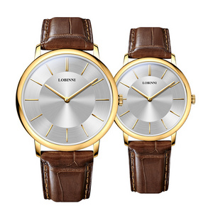 New Design LOBINNI 3013 High Quality Leather Brown Strap Quartz Movement Couple Ultra-thin Quartz Watch For Both Men And Women