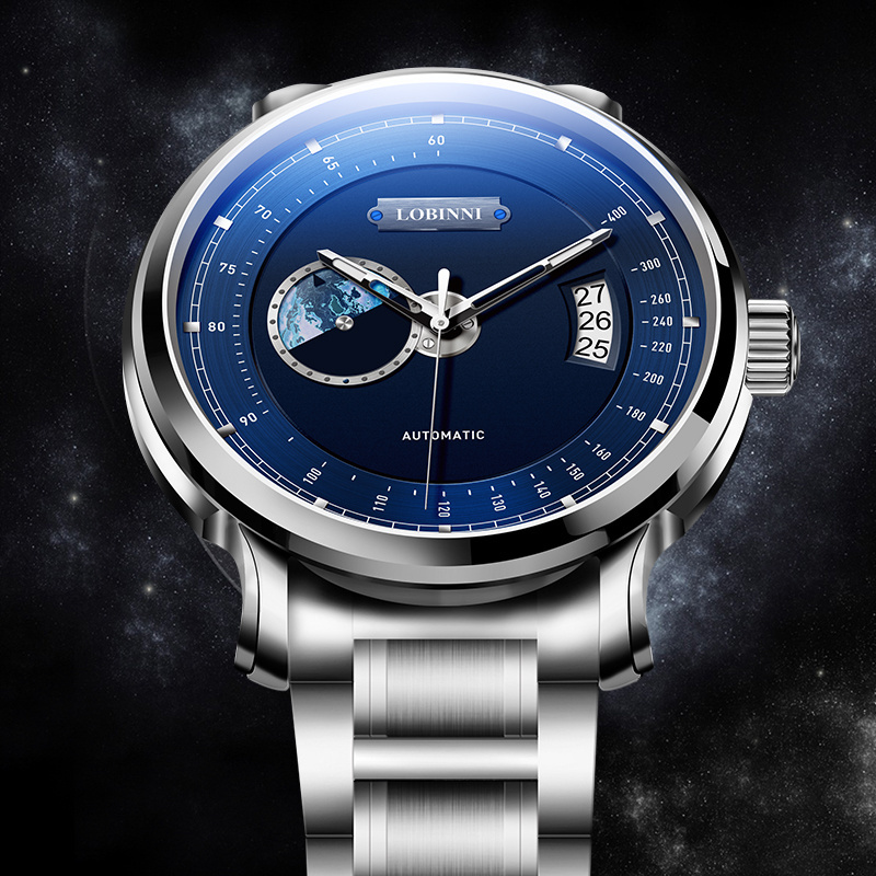 Unique Blue World Map Wrist Watch For Men Japan Miyota Movement Mechanical Watches Automatic LOBINNI 17511