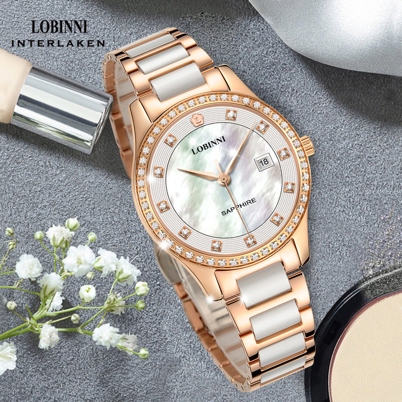 LOBINNI 2005L 12S/24H Lady Fashion Watch Business Luxury Brand Watches for Women 2019 Stainless Steel Ceramic Pointer