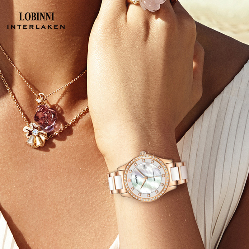 LOBINNI 2005L 12S/24H Lady Fashion Watch Business Luxury Brand Watches for Women 2019 Stainless Steel Ceramic Pointer