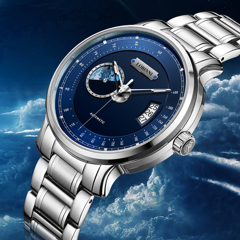 Unique Blue World Map Wrist Watch For Men Japan Miyota Movement Mechanical Watches Automatic LOBINNI 17511