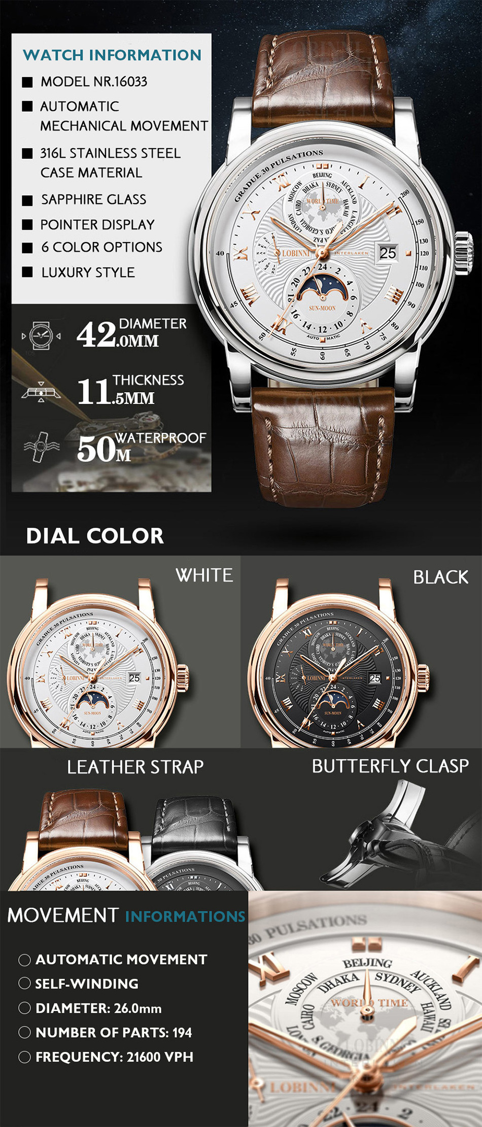 LOBINNI Luxury Automatic Watch Fashion Skeleton Hands Top Brand Rose Golden Mens Mechanical Watches