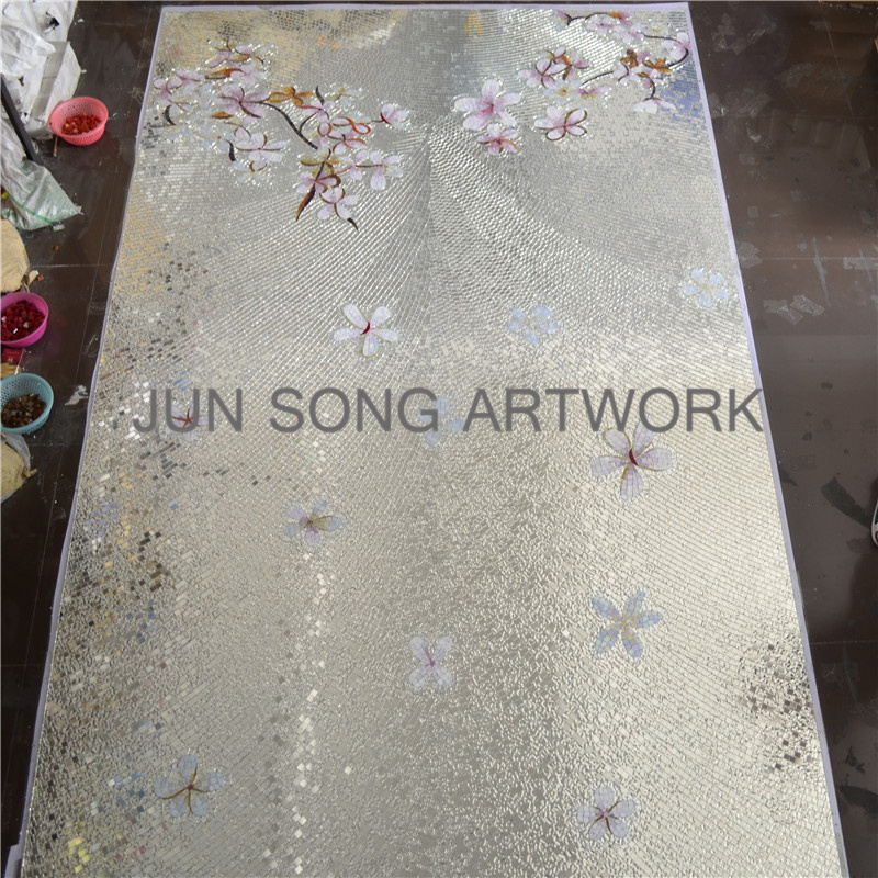 JS MFL-SF02 Handmade Glass Mosaic Mural Pink Flower Pattern Silver Backsplash Dining Room Wall Tile