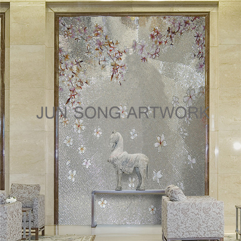 JS MFL-SF02 Handmade Glass Mosaic Mural Pink Flower Pattern Silver Backsplash Dining Room Wall Tile