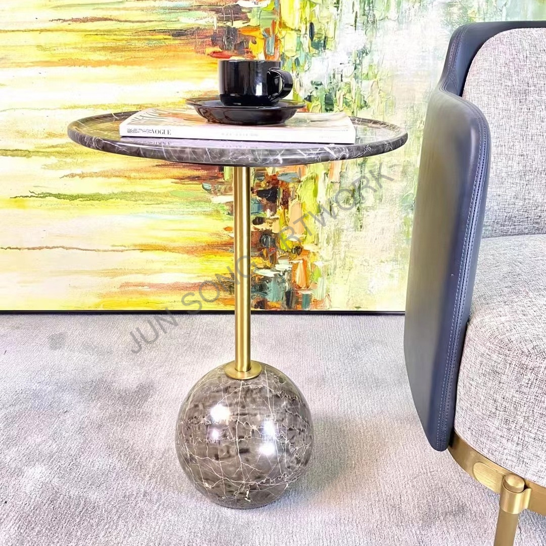 JS A27 Luxury Foshan Stone Furniture Living Room One Foot Ball Coffee Table Dark Gray Natural Marble Corner Side End Table Gold