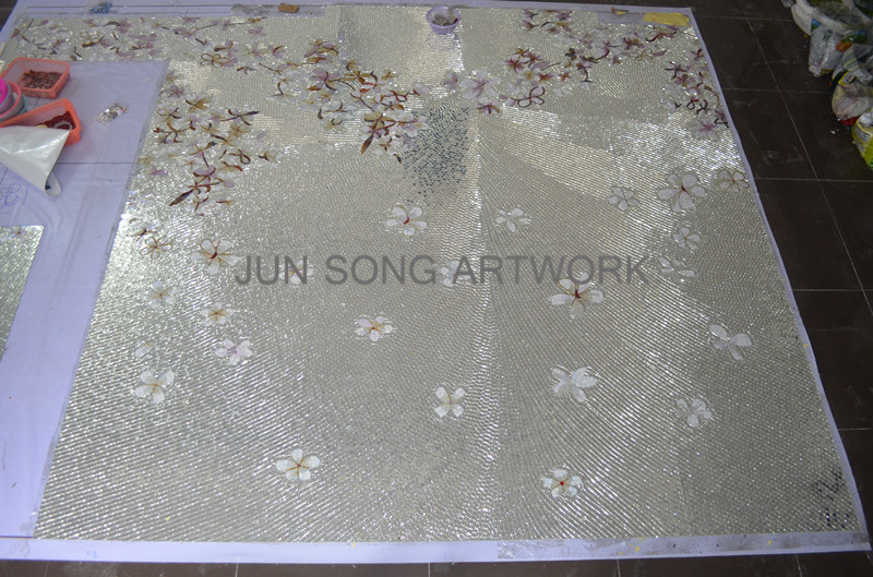 JS MFL-SF02 Handmade Glass Mosaic Mural Pink Flower Pattern Silver Backsplash Dining Room Wall Tile