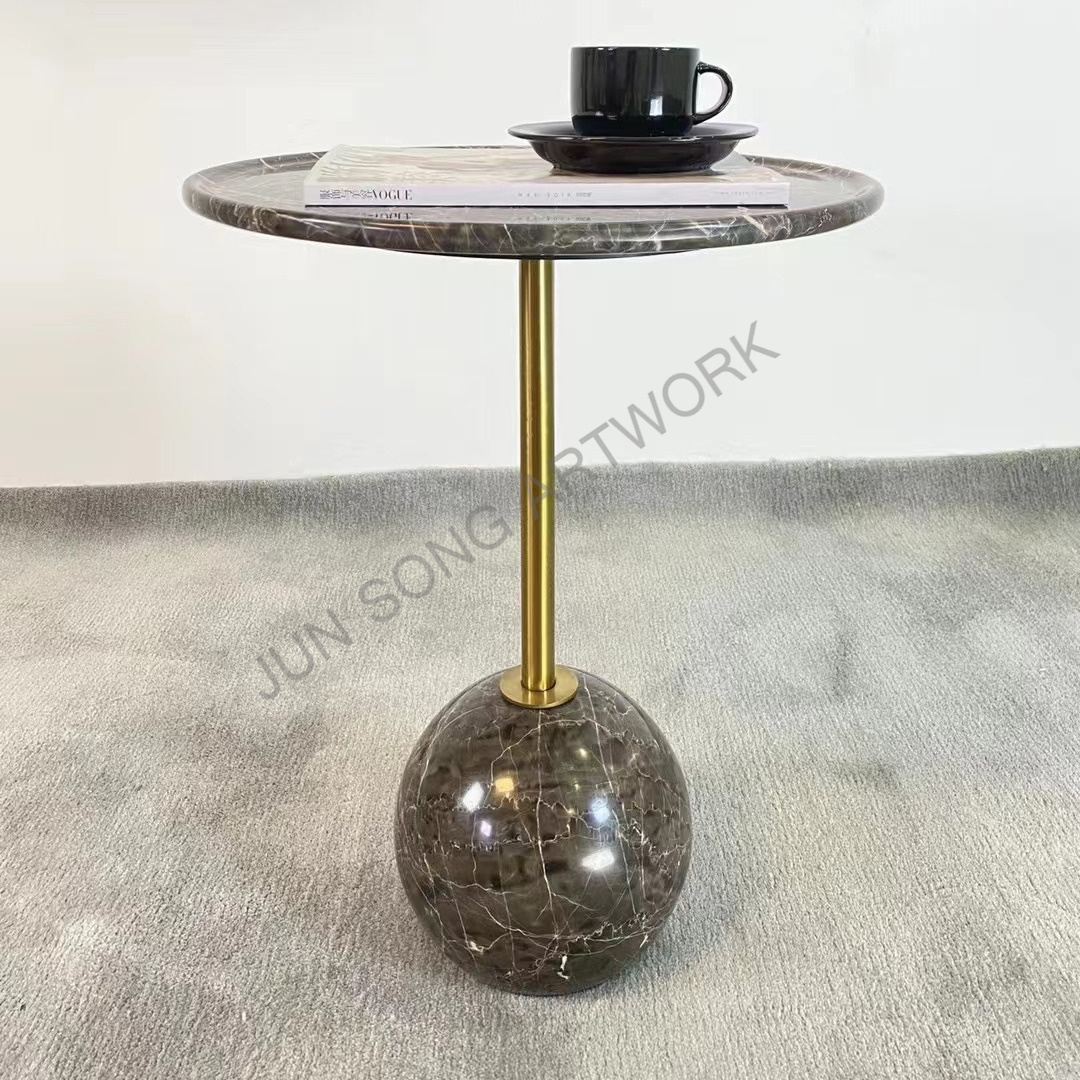 JS A27 Luxury Foshan Stone Furniture Living Room One Foot Ball Coffee Table Dark Gray Natural Marble Corner Side End Table Gold