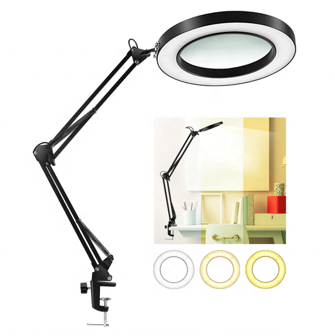 Factory hot selling salon furniture clip-on magnifying glass desk lamp 3 lighting modes dimmable beauty salon magnifier lamp