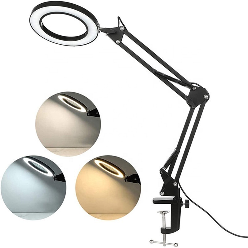 Factory hot selling salon furniture clip-on magnifying glass desk lamp 3 lighting modes dimmable beauty salon magnifier lamp