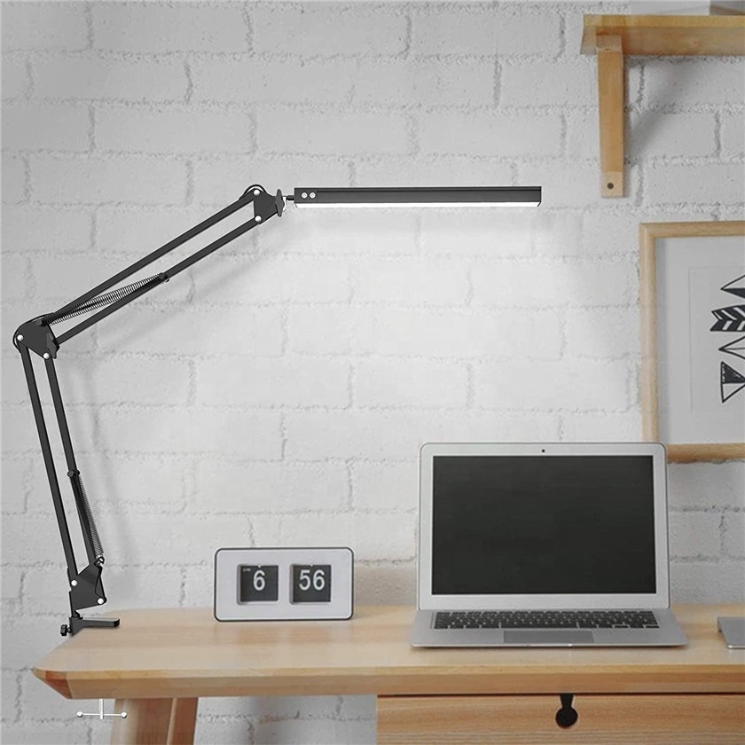 Modern flexible long swing arm 10 levels dimmable led desk lamp 12W eye-caring adjustable study desk lamp with metal clamp