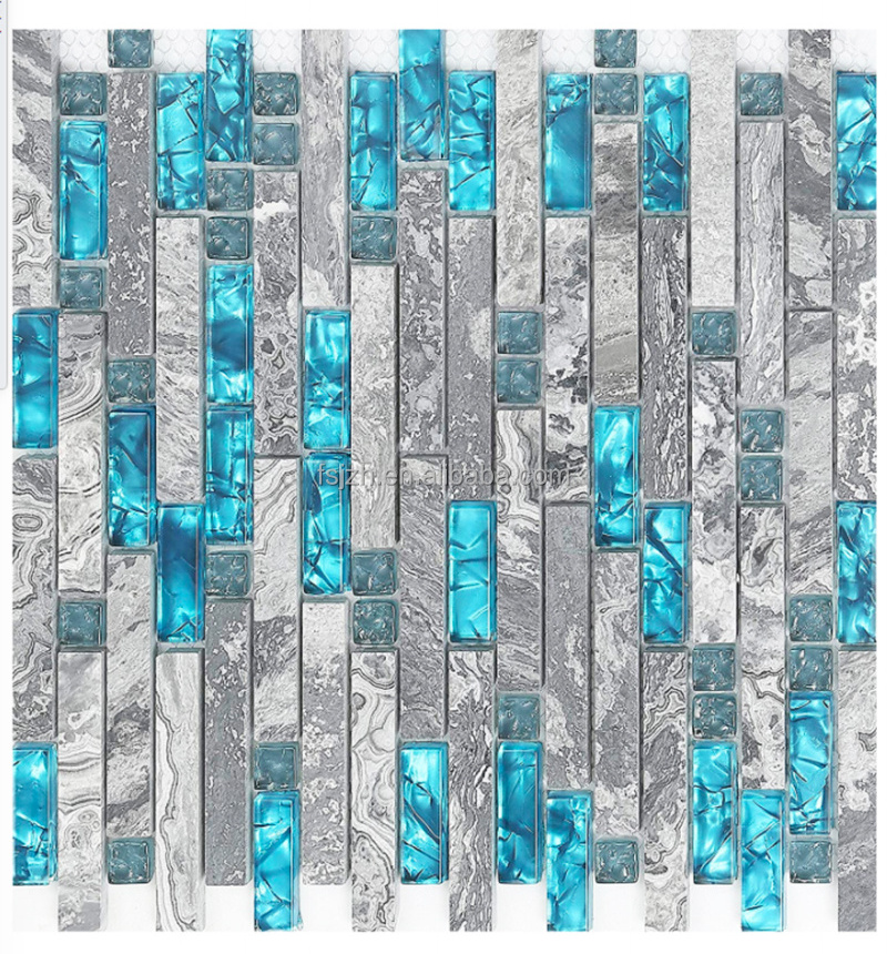 Home Building Glass Tile Kitchen Backsplash Idea Bath Shower Wall Decor Teal Blue Gray Wave Marble Interlocking Pattern Mosaic