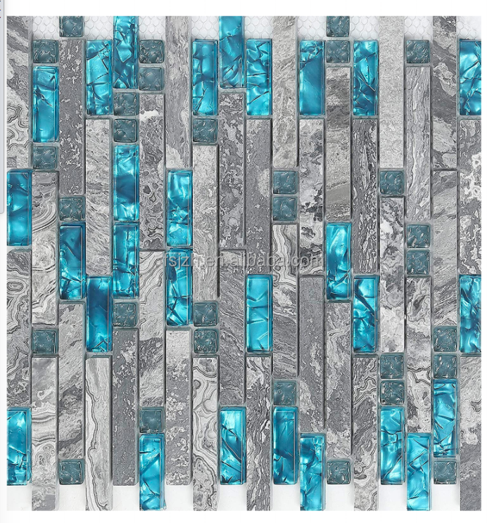 Home Building Glass Tile Kitchen Backsplash Idea Bath Shower Wall Decor Teal Blue Gray Wave Marble Interlocking Pattern Mosaic