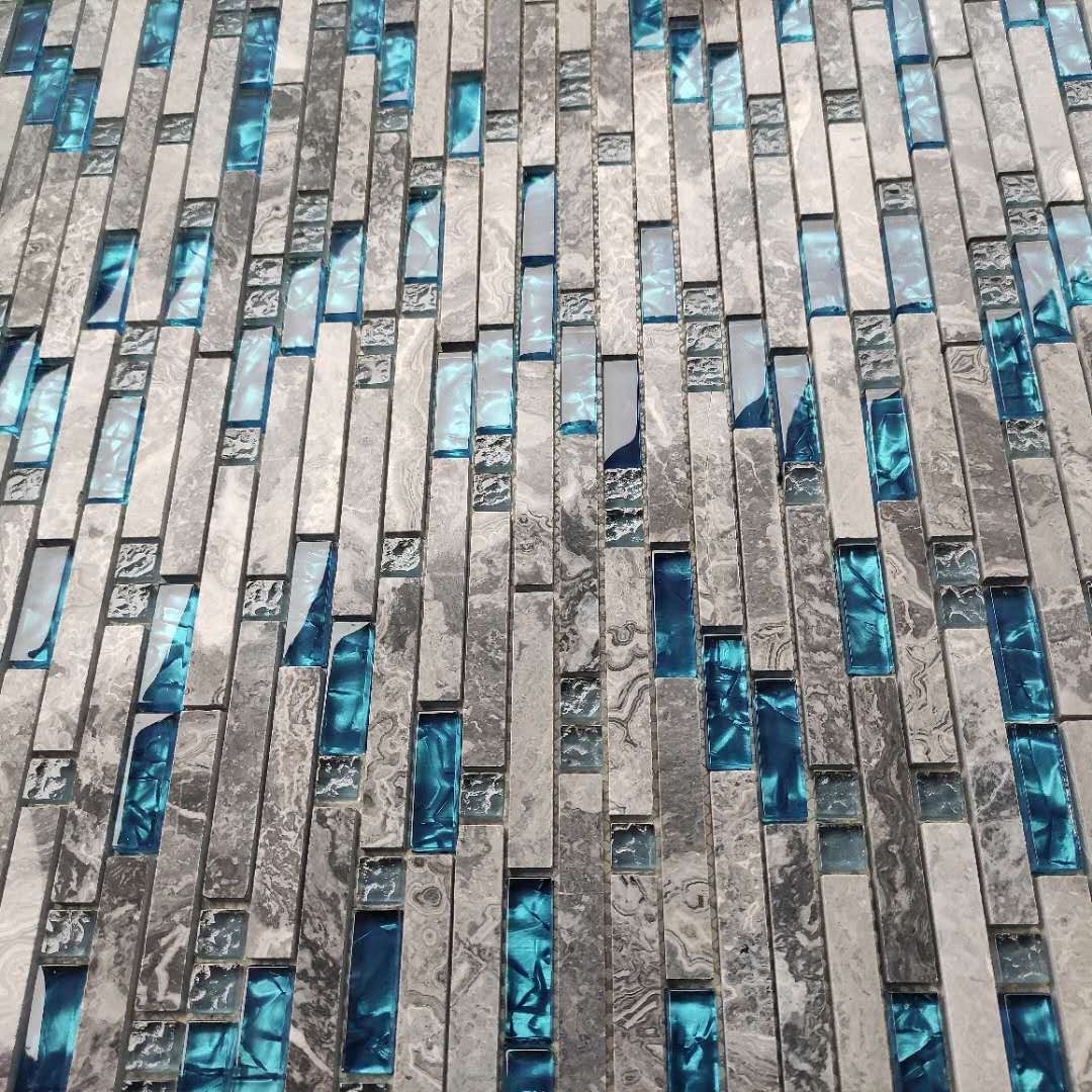 Home Building Glass Tile Kitchen Backsplash Idea Bath Shower Wall Decor Teal Blue Gray Wave Marble Interlocking Pattern Mosaic