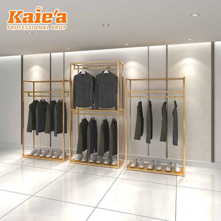 Pop gold metal hanging clothes display racks/clothing store display/display for clothes