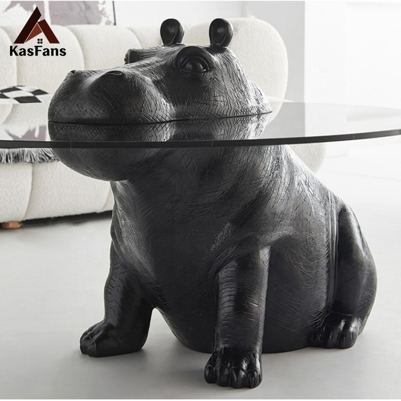 Art Animal Design Hippo Glass Coffee Tables Durable Black Hippopotamus Tea Tables Customized Modular Center Tables Leisure Room