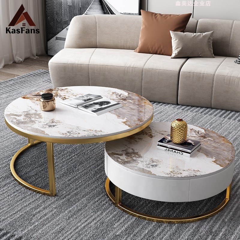 Best Selling Nordic Tea Table Sets Stainless Steel Base Marble Top Coffee Table Units Movable Round Center Table With Drawer