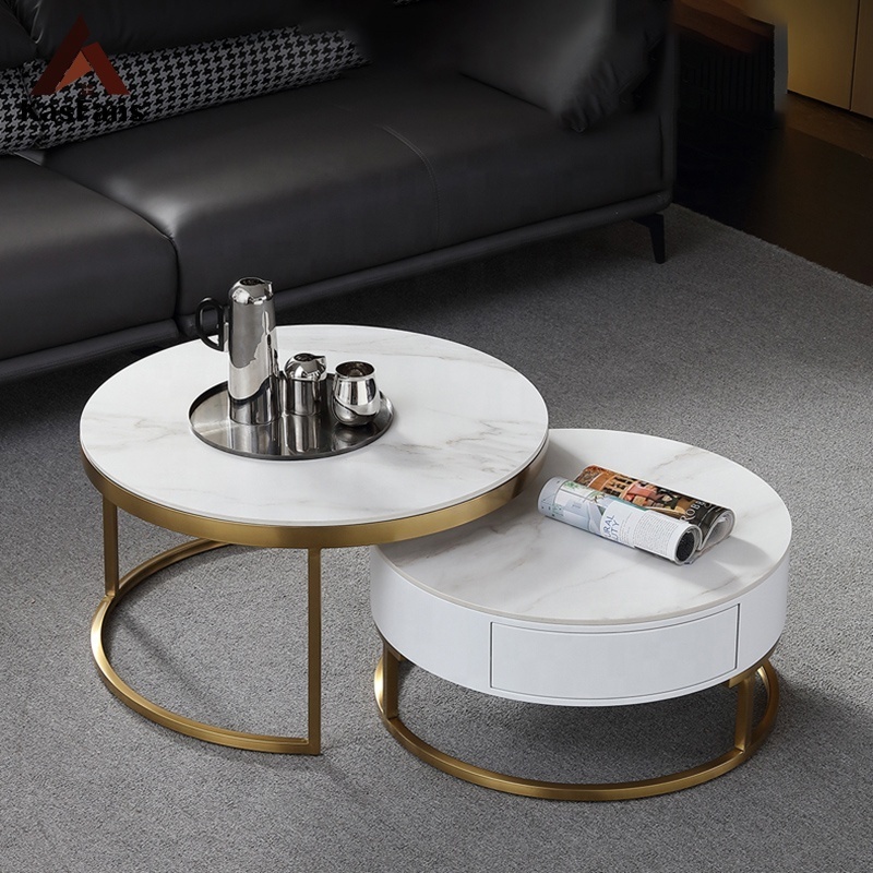 Best Selling Nordic Tea Table Sets Stainless Steel Base Marble Top Coffee Table Units Movable Round Center Table With Drawer