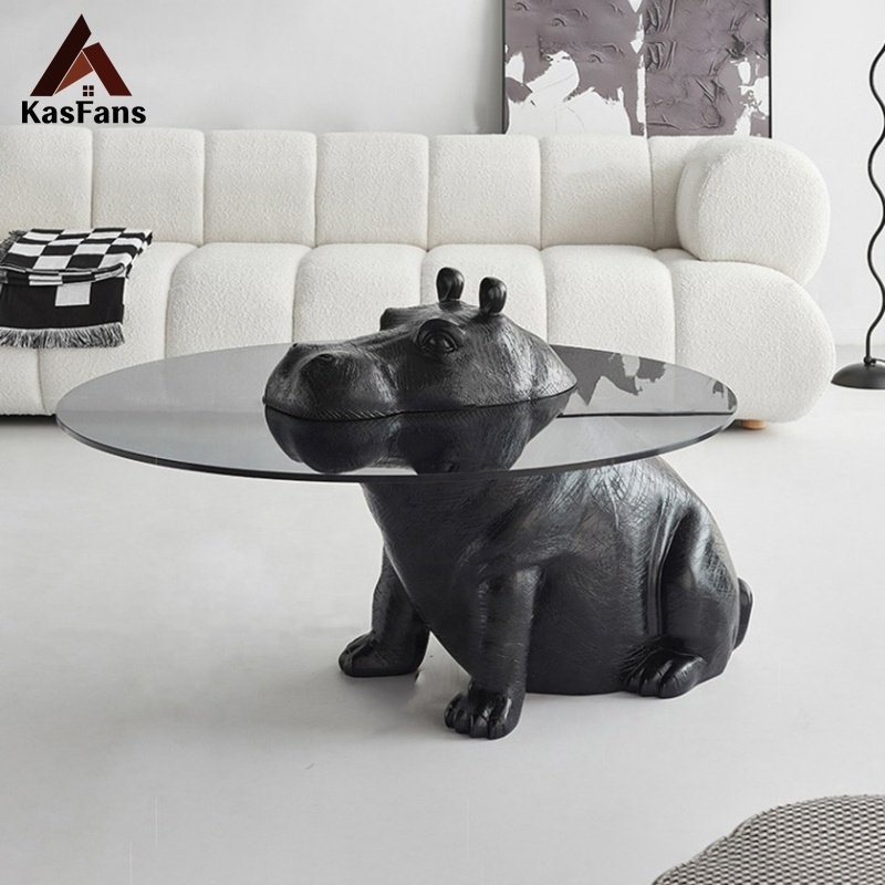 Art Animal Design Hippo Glass Coffee Tables Durable Black Hippopotamus Tea Tables Customized Modular Center Tables Leisure Room