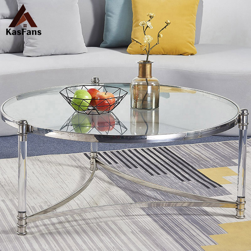 Hot Sell Nordic Style Side Tables Transparent Tempered Glass Round Coffee Tables Gold Elegant Mini Desk 3 Stainless Steel Legs