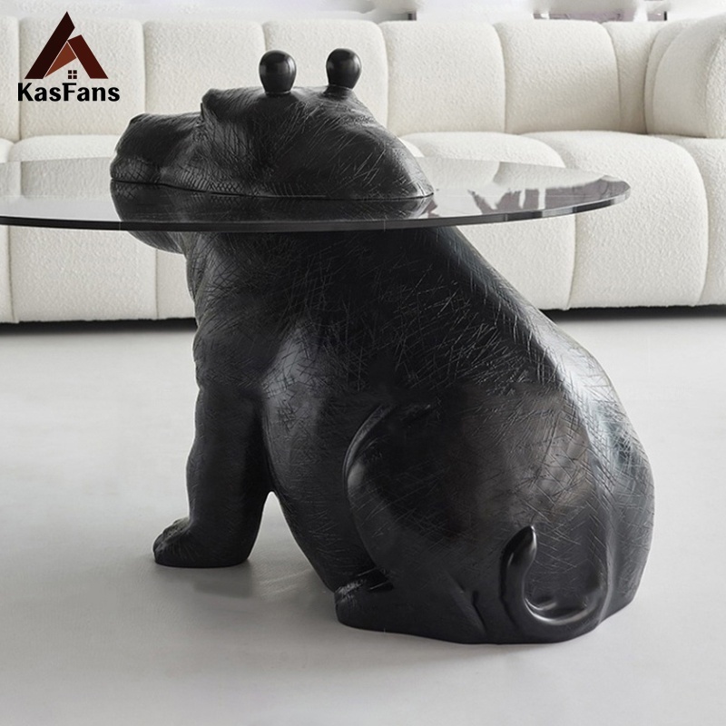 Art Animal Design Hippo Glass Coffee Tables Durable Black Hippopotamus Tea Tables Customized Modular Center Tables Leisure Room