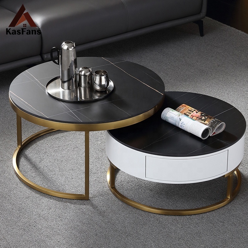 Best Selling Nordic Tea Table Sets Stainless Steel Base Marble Top Coffee Table Units Movable Round Center Table With Drawer