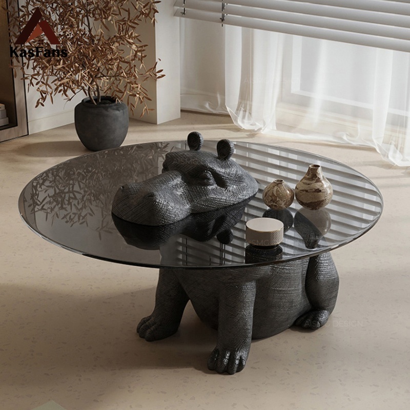 Art Animal Design Hippo Glass Coffee Tables Durable Black Hippopotamus Tea Tables Customized Modular Center Tables Leisure Room