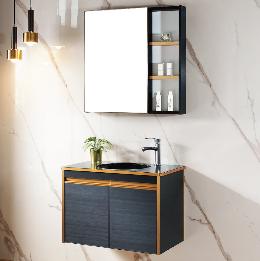 Modern Bathroom Vanities Cabinet Single Tempered Glass Ceramic Sink Mirror Bathroom Vanity