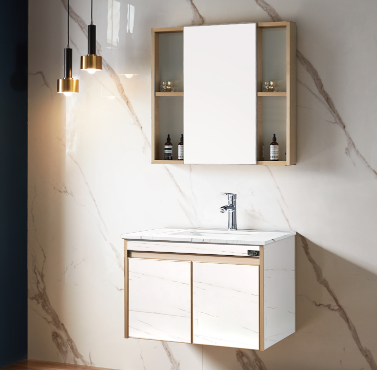 Modern Bathroom Vanities Cabinet Single Tempered Glass Ceramic Sink Mirror Bathroom Vanity