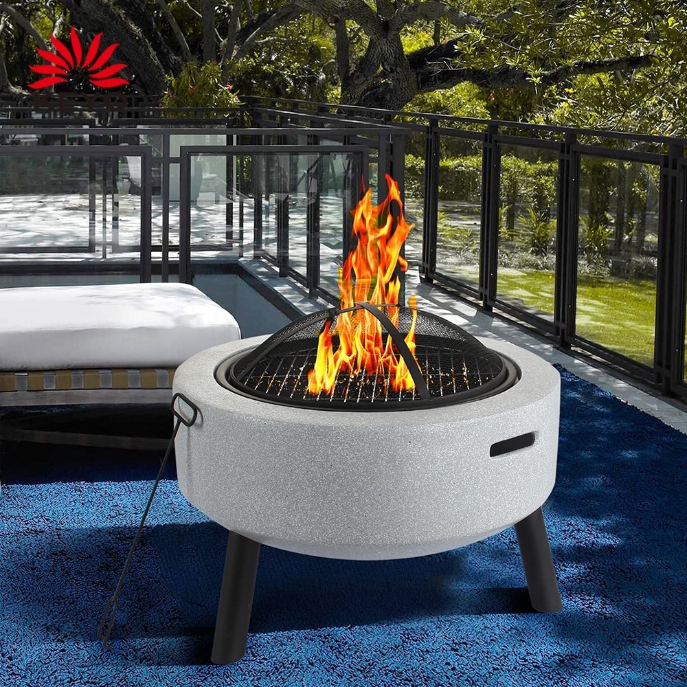 Multifunctional Concrete Bbq Brazier Garden Fire Pit Bowl Outdoor Firepit With Barbecue Grill Grate