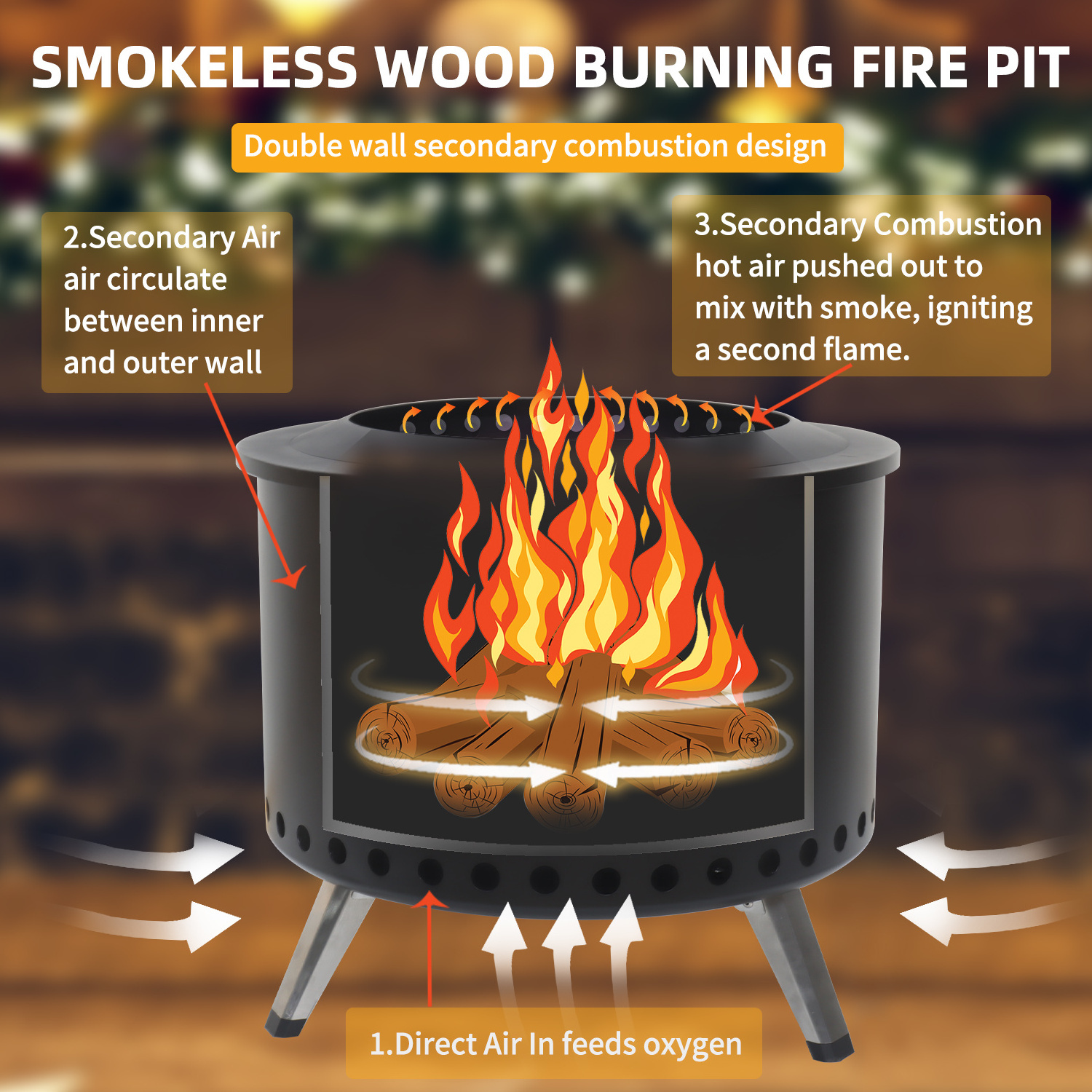 22 Inch Firepit Camping Backyard Patio Garden Wood Fired Burning Foldable Leg Portable Stove Smokeless Fire Pit