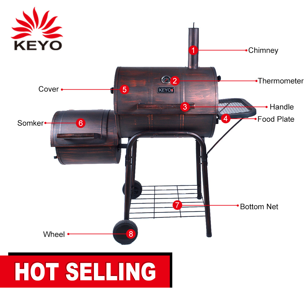 Outdoor wood barrel shape pellet tube smoker hopper bbq barbecue grill with trolley for backyard