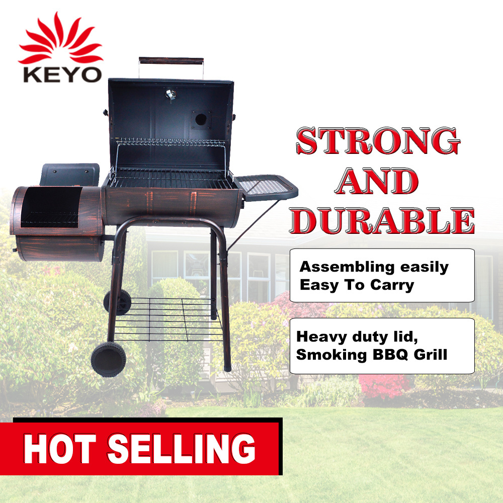 Outdoor wood barrel shape pellet tube smoker hopper bbq barbecue grill with trolley for backyard