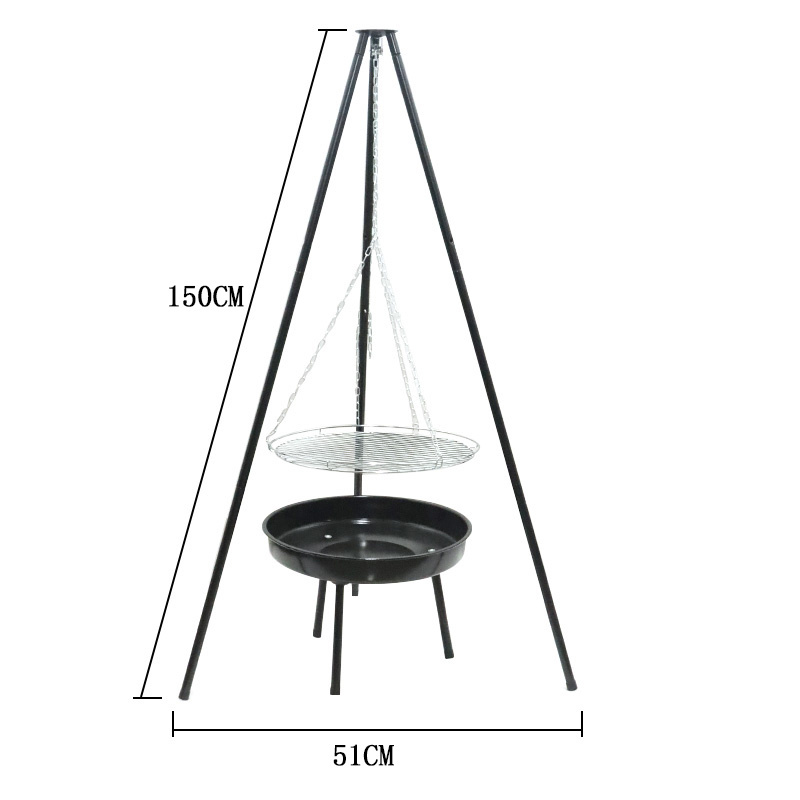 Adjustable Height Outdoor Camping Firepit Tripod Camp Portable Bbq Grill Hanging Tripod Chain Barbeque Charcoal Grill