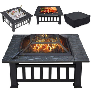 Outdoor Fire pit Metal Firepit Square Table Backyard Patio Garden Stove Wood Burning Fire Pit with Spark Screen