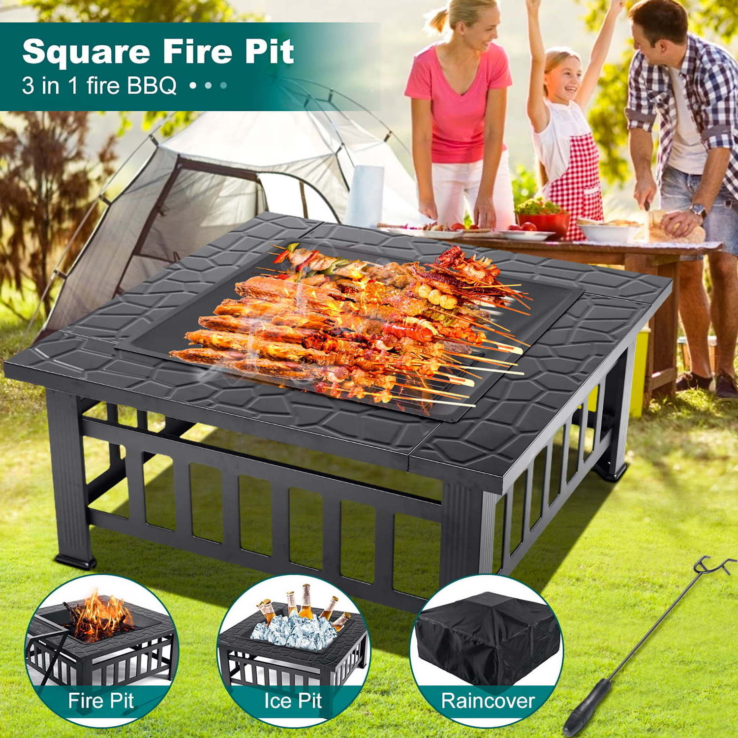 Outdoor Fire pit Metal Firepit Square Table Backyard Patio Garden Stove Wood Burning Fire Pit with Spark Screen