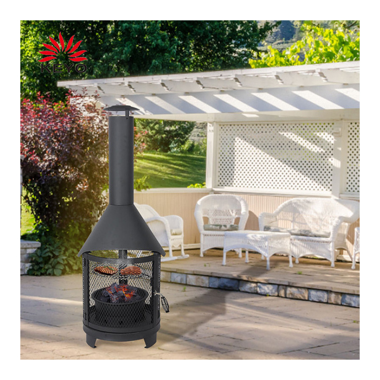 F09 XL Reversible Roasting Grid Garden Steel Chiminea Fireplace with Cooking Grill and Poker Multi-functional Outdoor Fire Pit