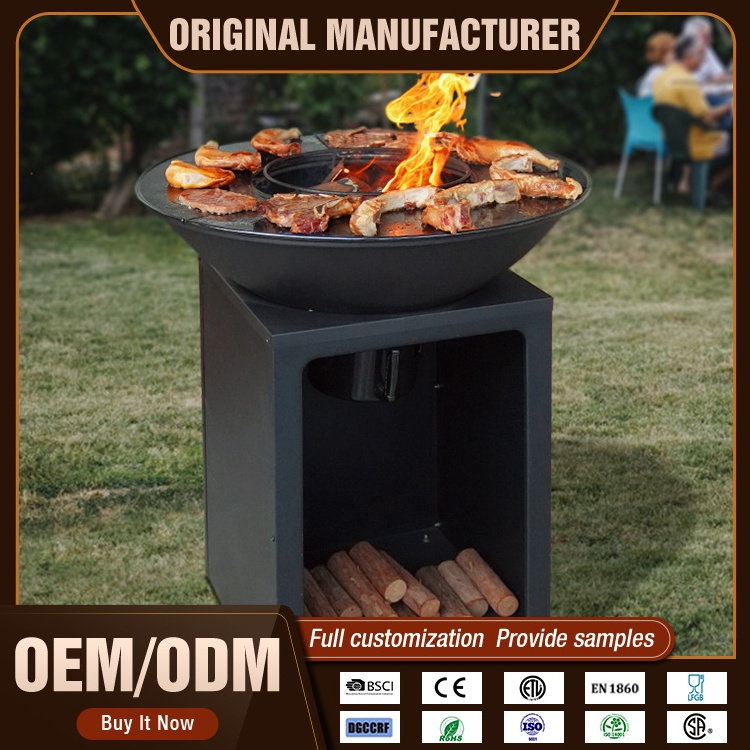 F25 Vertical Standing Wood Burning Garden Fire Pit Outdoor Barbecue Brasero Plancha Firepit With Wood Storage