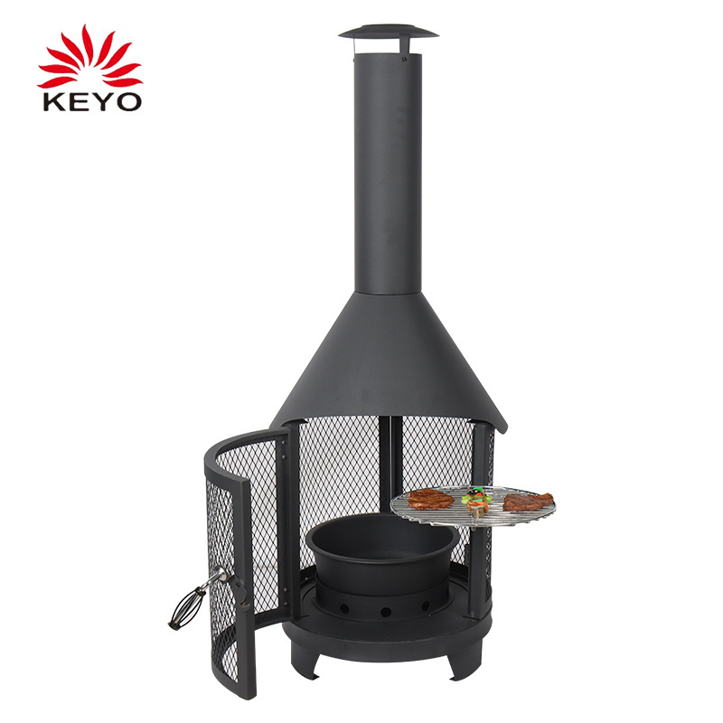 F09 XL Reversible Roasting Grid Garden Steel Chiminea Fireplace with Cooking Grill and Poker Multi-functional Outdoor Fire Pit