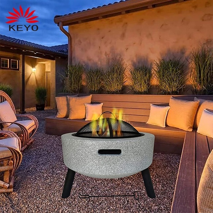 3 In 1 Marble Outdoor Fire Bowl Concrete Round Wood Burning Fire Pit With Barbecue Grill Grate